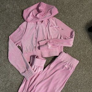 Pink velour cropped hoodie and jogger set